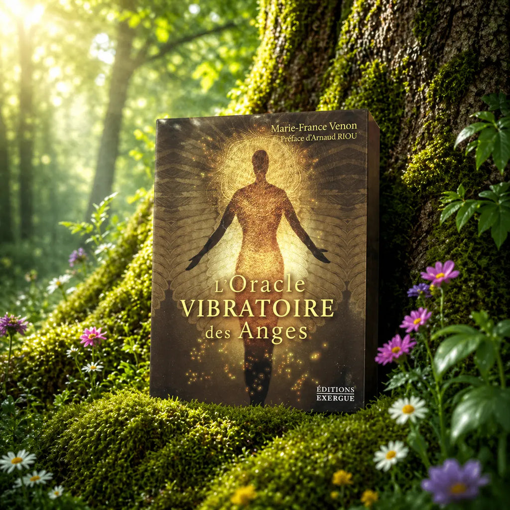 Coffret blanc et bleu L'Oracle Vibratoire des Anges de Marie-France Venon posé dans la mousse, illustré d'un ange aux ailes déployées dans un ciel étoilé.