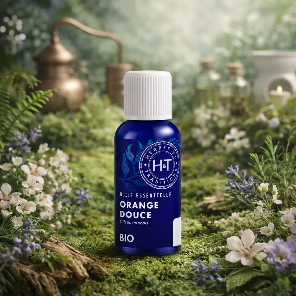Flacon en verre bleu Herbes et Traditions - Huile Essentielle - Orange Douce Bio entouré de petites fleurs blanches sur un lit de mousse avec un alambic en arrière-plan.