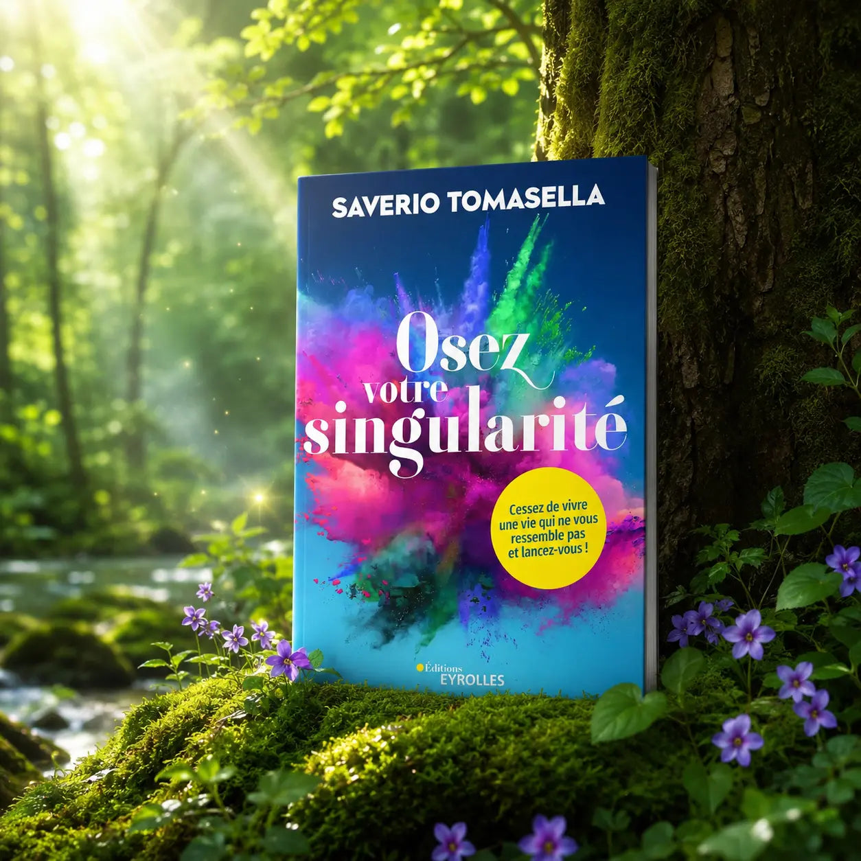 Livre Osez Votre Singularité - Saverio Tomasella sur mousse sacrée au pied d'un arbre, entouré de fleurs violettes sous des rayons de soleil magiques.