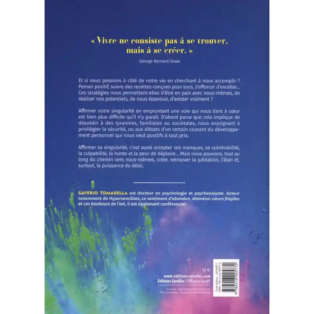 La quatrième de couverture du livre Osez votre singularité affiche un résumé sur fond bleu texturé, complété par une citation de George Bernard Shaw.