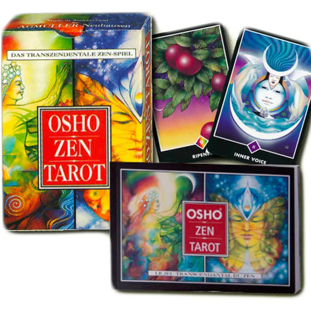 Coffret OSHO Zen Tarot : boîte très colorée avec encadré rouge “OSHO ZEN TAROT”.
Visuel “pack complet” avec cartes illustrées (fruits, visage bleu) et livret/boîte assortis.