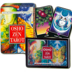 Coffret OSHO Zen Tarot : boîte très colorée avec encadré rouge “OSHO ZEN TAROT”.
Visuel “pack complet” avec cartes illustrées (fruits, visage bleu) et livret/boîte assortis.