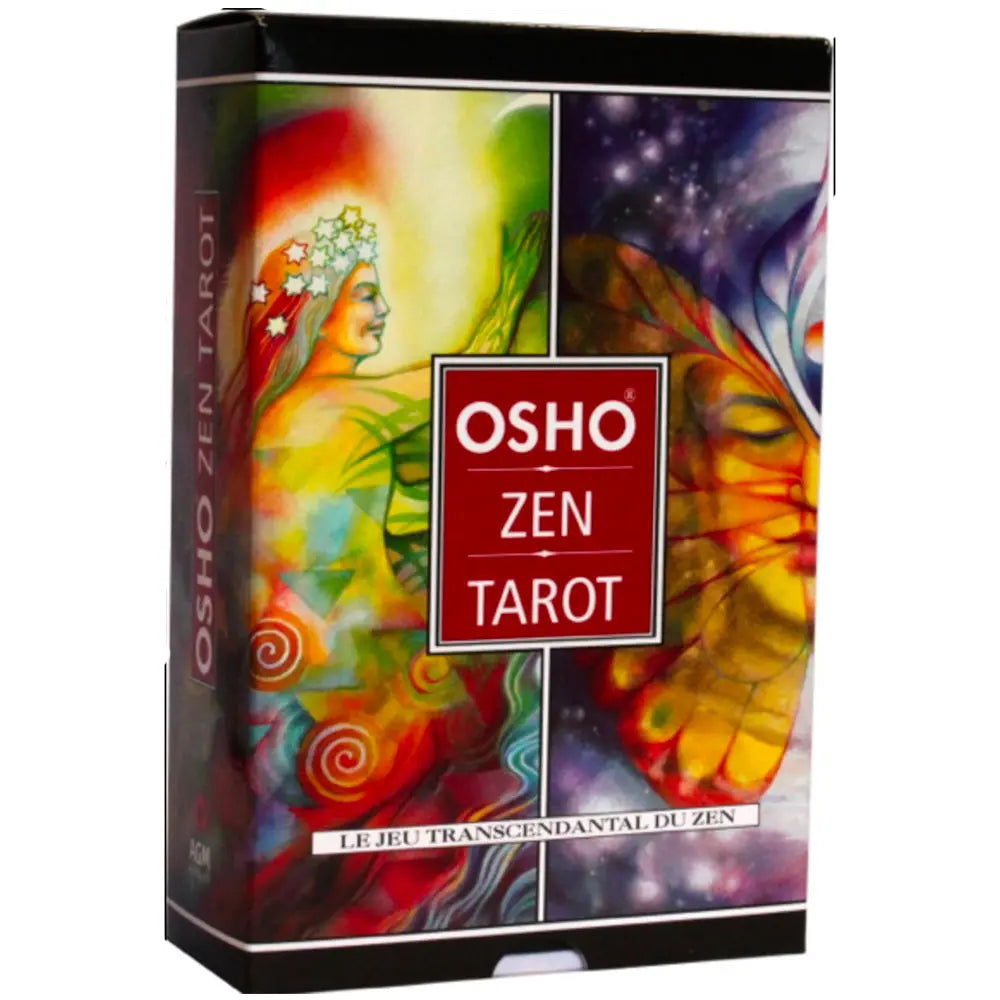 Coffret OSHO Zen Tarot : boîte noire avec visuel très coloré (personnages/visages stylisés), et un encadré rouge “OSHO ZEN TAROT” au centre.
