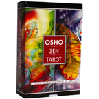 Coffret OSHO Zen Tarot : boîte noire avec visuel très coloré (personnages/visages stylisés), et un encadré rouge “OSHO ZEN TAROT” au centre.
