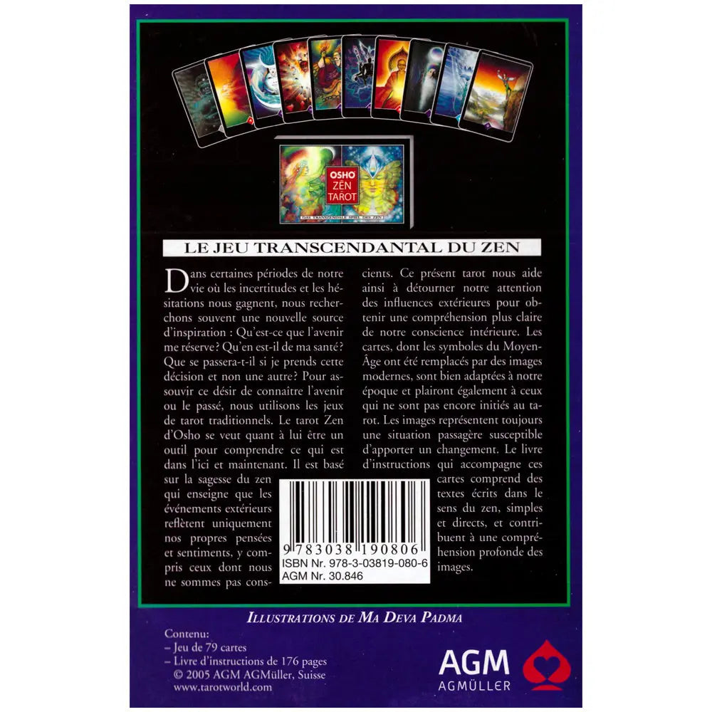 Verso OSHO Zen Tarot (AGM) : dos du coffret avec texte de présentation, éventail de cartes en haut, code-barres au centre et logo AGM/AGMüller en bas (mention 79 cartes + livret).
