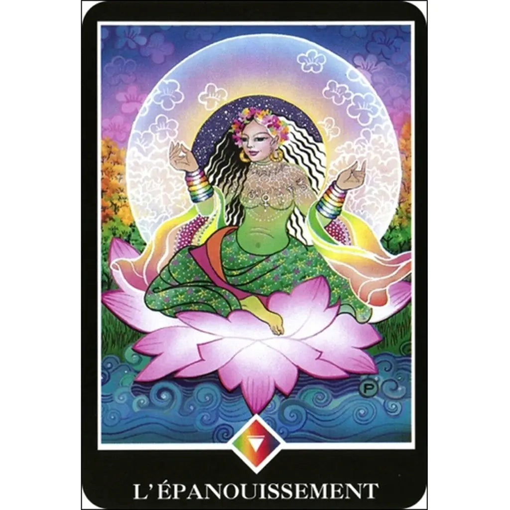 Carte “L’Épanouissement” (Osho Zen Tarot) : une femme en méditation sur un lotus rose, aura lumineuse et couleurs arc-en-ciel, symbole de croissance et épanouissement intérieur.