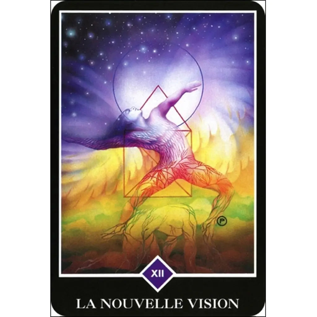 Carte “La Nouvelle Vision” (Osho Zen Tarot) : une silhouette inversée/en bascule, tête vers le bas, se déploie dans un ciel étoilé violet avec un halo, sur fond de lumière jaune-verte — symbole de changement de perspective et regard neuf.