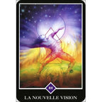 Carte “La Nouvelle Vision” (Osho Zen Tarot) : une silhouette inversée/en bascule, tête vers le bas, se déploie dans un ciel étoilé violet avec un halo, sur fond de lumière jaune-verte — symbole de changement de perspective et regard neuf.