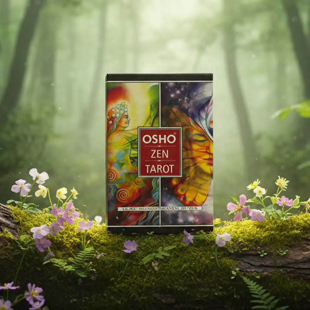 Coffret coloré Osho Zen Tarot - Version Originale - Coffret Complet posé sur une souche, illustré de deux peintures vibrantes symbolisant l'éveil et la transformation intérieure.