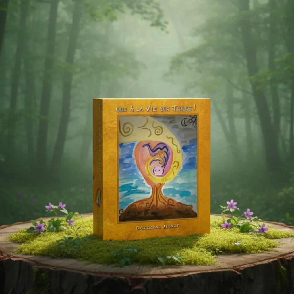 Coffret jaune Oui à la vie sur Terre ! de Caroline Mourot posé sur une souche, illustré d'un arbre de vie stylisé abritant un fœtus.