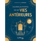 La couverture du livre Ouvrir les portes de ses vies antérieures d'Emmanuelle Johnson chez Jouvence Éso dévoile une porte dorée stylisée sur un cadran temporel bleu nuit.