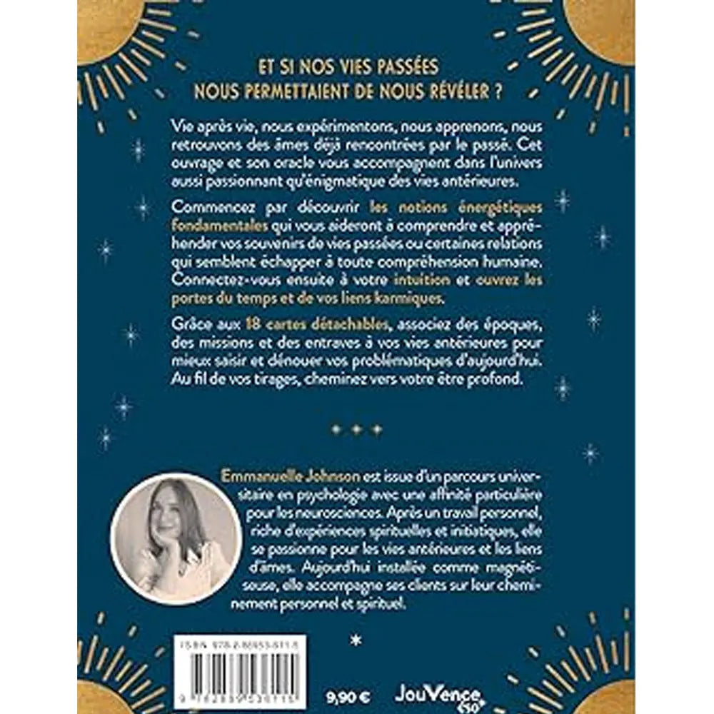 La quatrième de couverture du livre Ouvrir les portes de ses vies antérieures présente le résumé de l'ouvrage et le portrait de l'auteure Emmanuelle Johnson sur fond bleu nuit étoilé.