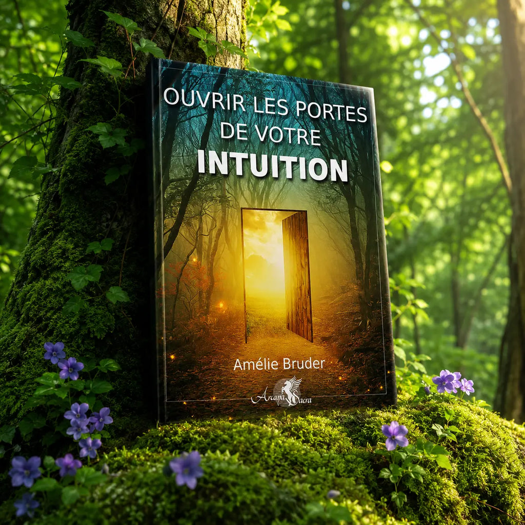 Livre Ouvrir Les Portes De Votre Intuition - Amélie Bruder sur mousse sacrée au pied d'un arbre, entouré de fleurs violettes sous des rayons de soleil magiques.