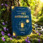 Livre Ouvrir les Portes de ses Vies Antérieures - Emmanuelle Johnson sur mousse sacrée au pied d'un arbre, entouré de fleurs violettes sous des rayons de soleil magiques.