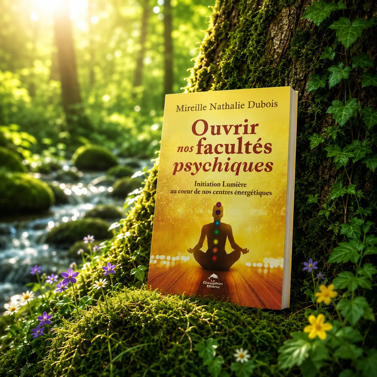 Livre Ouvrir nos Facultés Psychiques - Mireille Nathalie Dubois sur mousse sacrée au pied d'un arbre, entouré de fleurs violettes sous des rayons de soleil magiques.