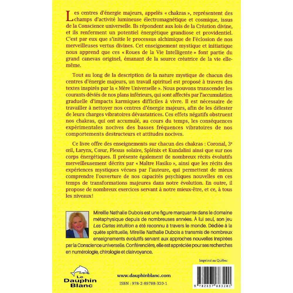 La quatrième de couverture du livre Ouvrir nos facultés psychiques présente le texte de présentation de l'ouvrage, une courte biographie de Mireille Nathalie Dubois et le code-barres sur un fond jaune dégradé.
