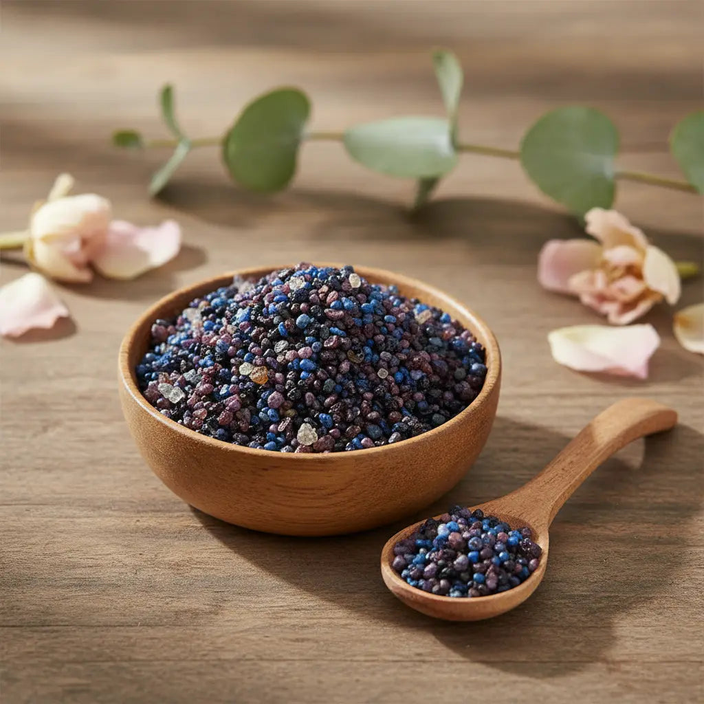 Grains d'encens de résine Padre Pio, mélange de teintes bleu foncé et violet-bourgogne, dans un bol en bois clair avec une cuillère, sur une table en bois.