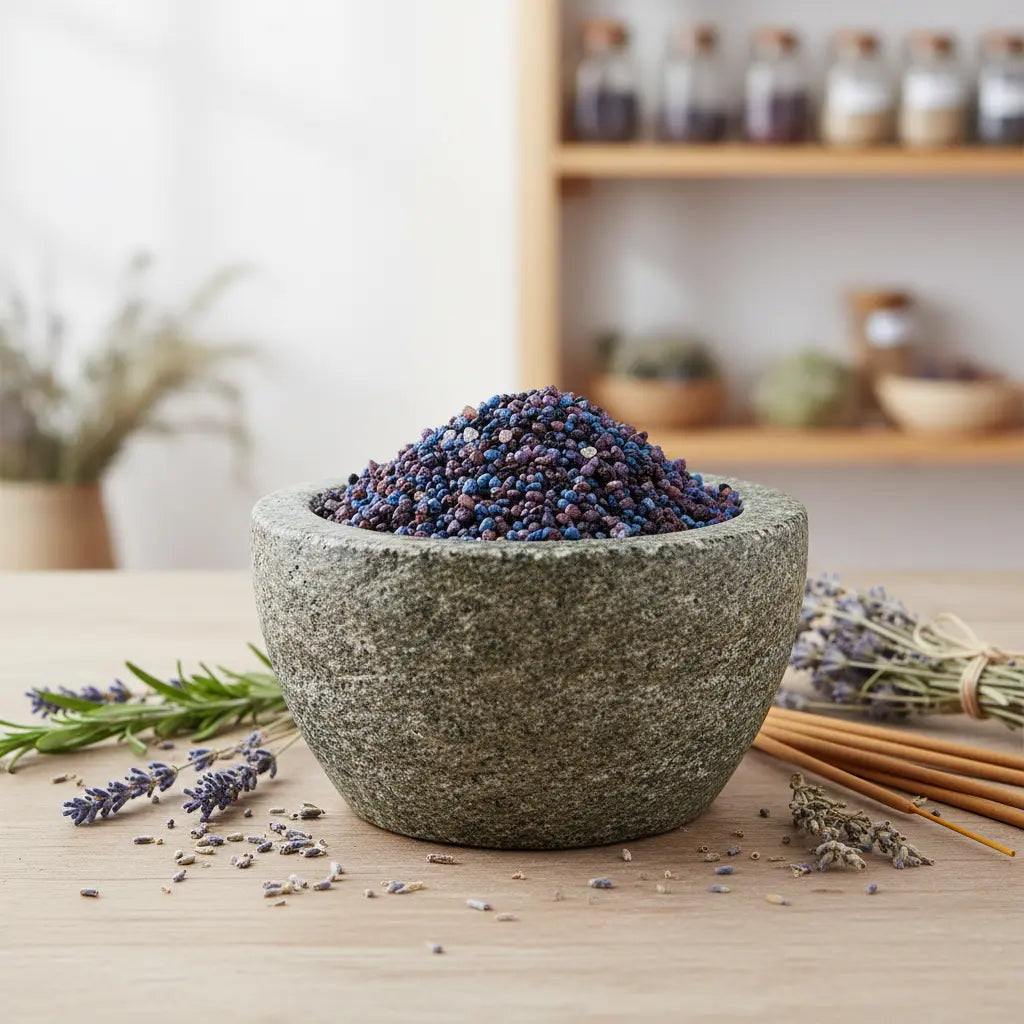 Grains d'encens de résine Padre Pio (bleu et violet foncé) dans un mortier en granit gris, entouré de brins de lavande, de romarin et de bâtonnets d'encens.