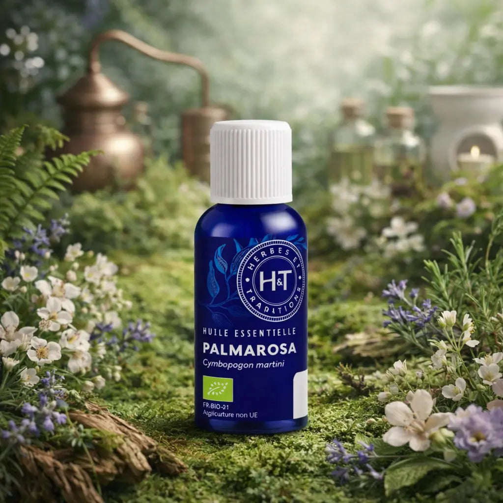 Flacon en verre bleu Herbes et Traditions - Huile Essentielle - Palmarosa Bio entouré de petites fleurs blanches et violettes sur un lit de mousse.