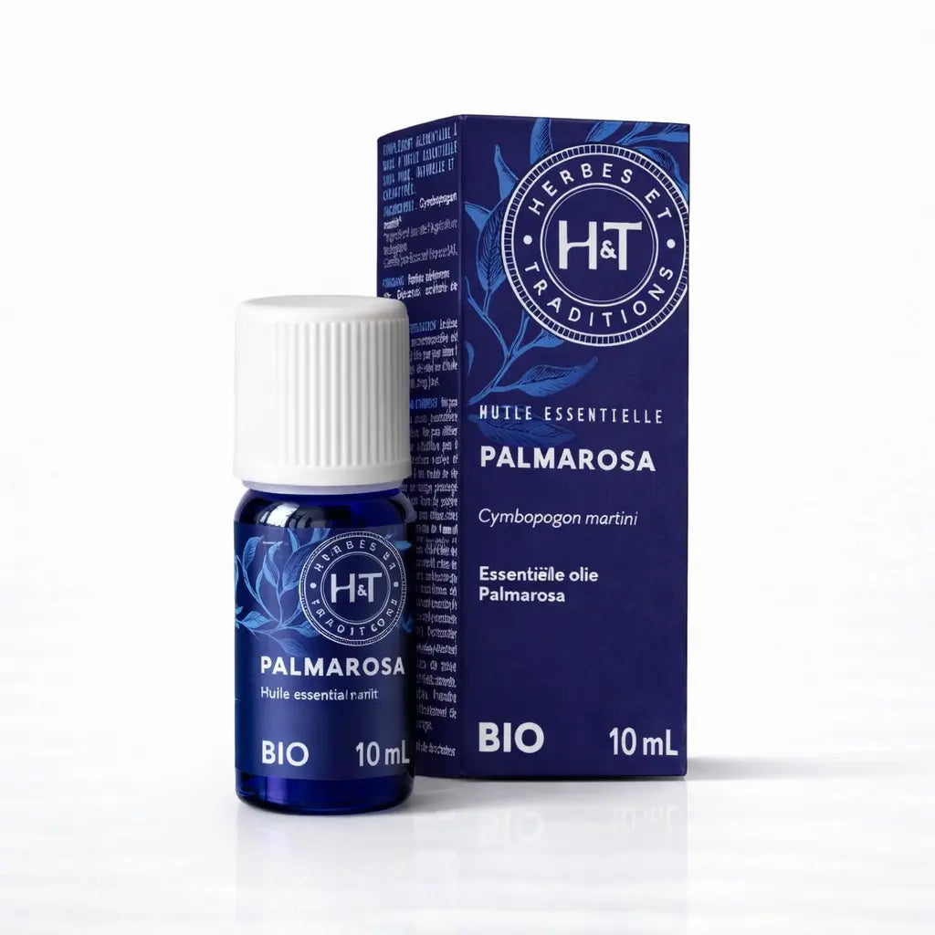 Un flacon de 10 ml et son emballage d'huile essentielle de Palmarosa (Bio) de la marque Herbes & Traditions, présentés sur un fond blanc épuré.