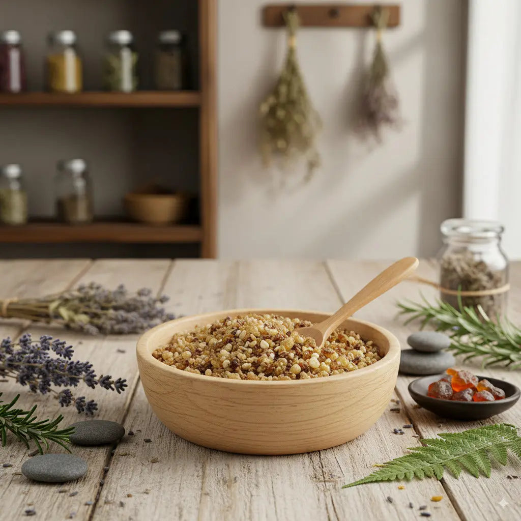 Coupelle en bois remplie de grains d’encens au palo santo dorés avec cuillère, sur table en bois entourée de lavande et herbes.
