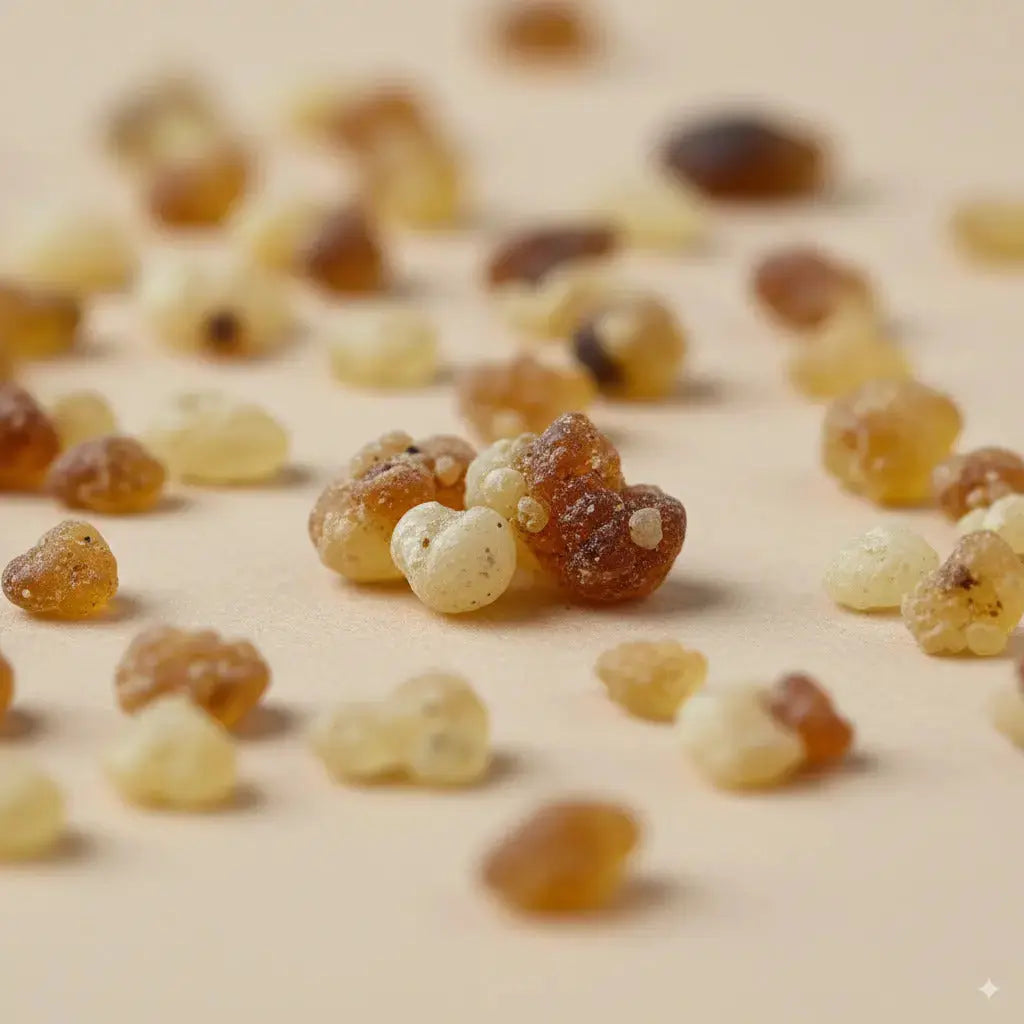 Gros plan sur des grains de résine de Palo Santo, ambrés et ivoire, dispersés sur une surface claire. 