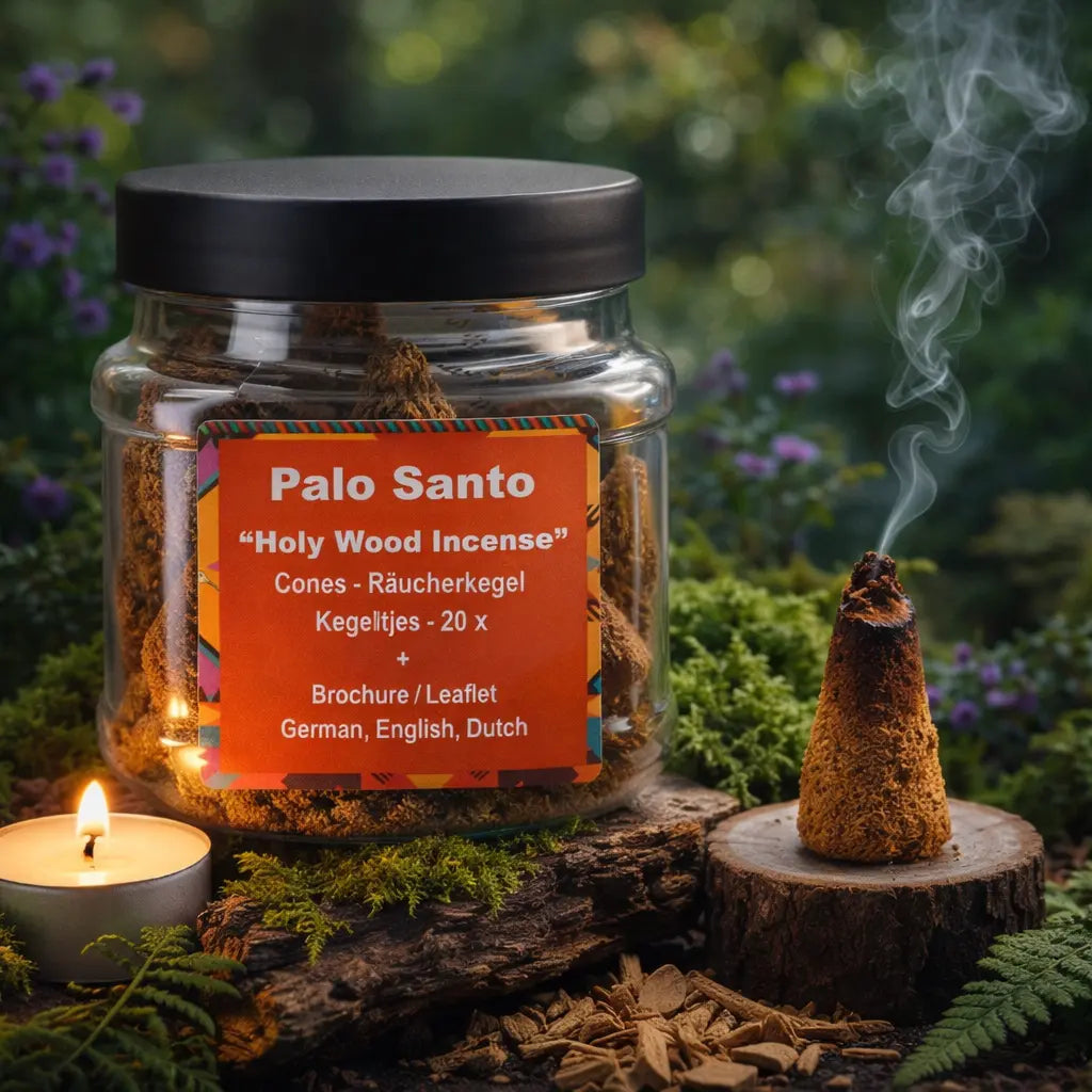 Bois sacré palo santo de fumigation sous forme de cônes dans un pot transparent avec couvercle noir.