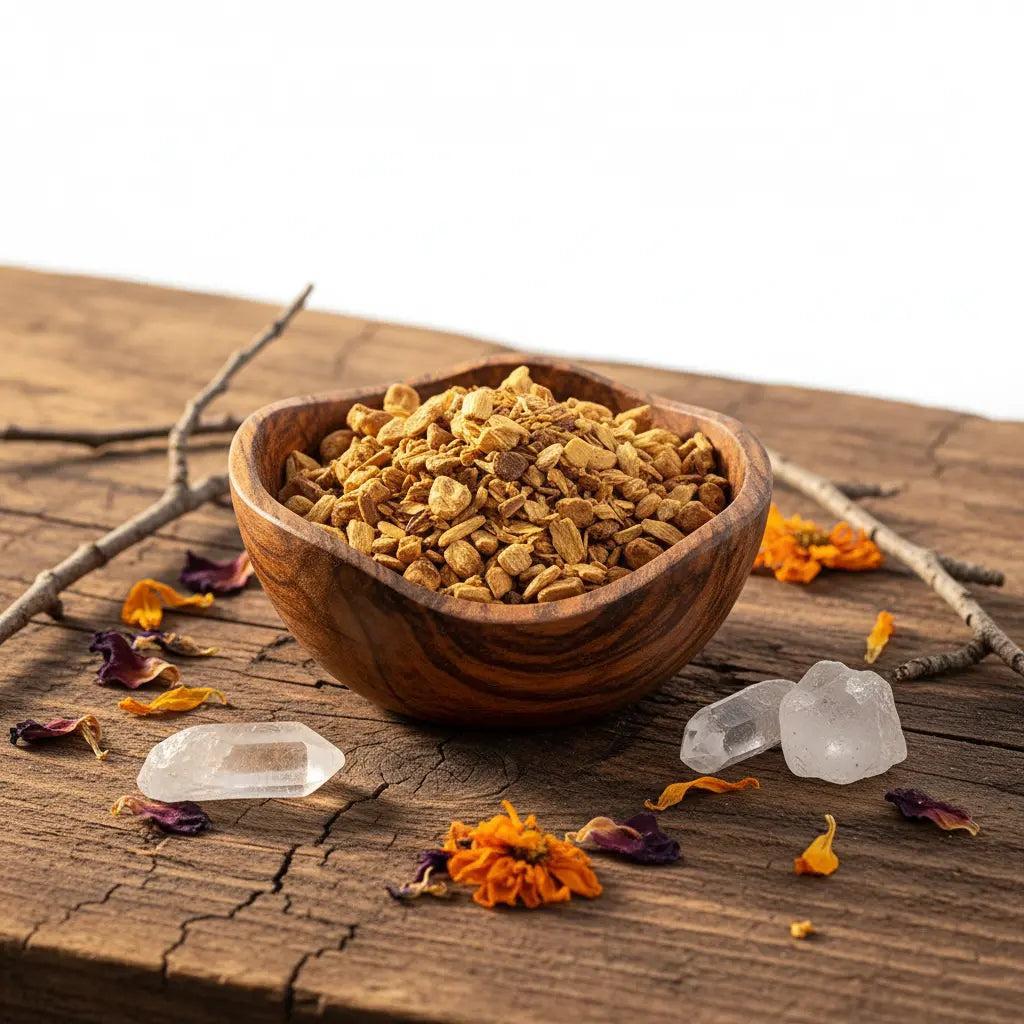 Palo santo en copeaux pour fumigation, bois doré-brun dans une coupelle en bois sur table rustique avec cristaux et pétales séchés.