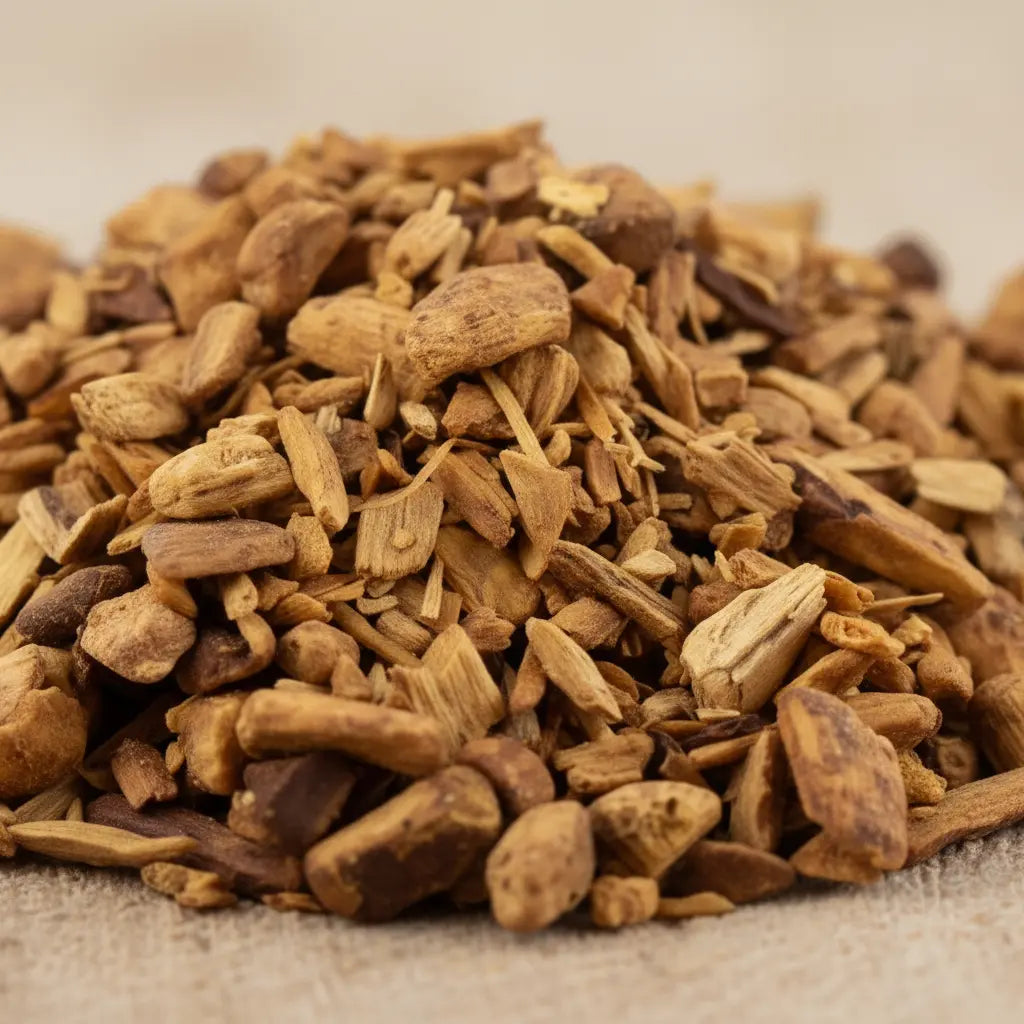 Palo santo en copeaux pour fumigation, morceaux de bois doré-brun en tas sur tissu beige.