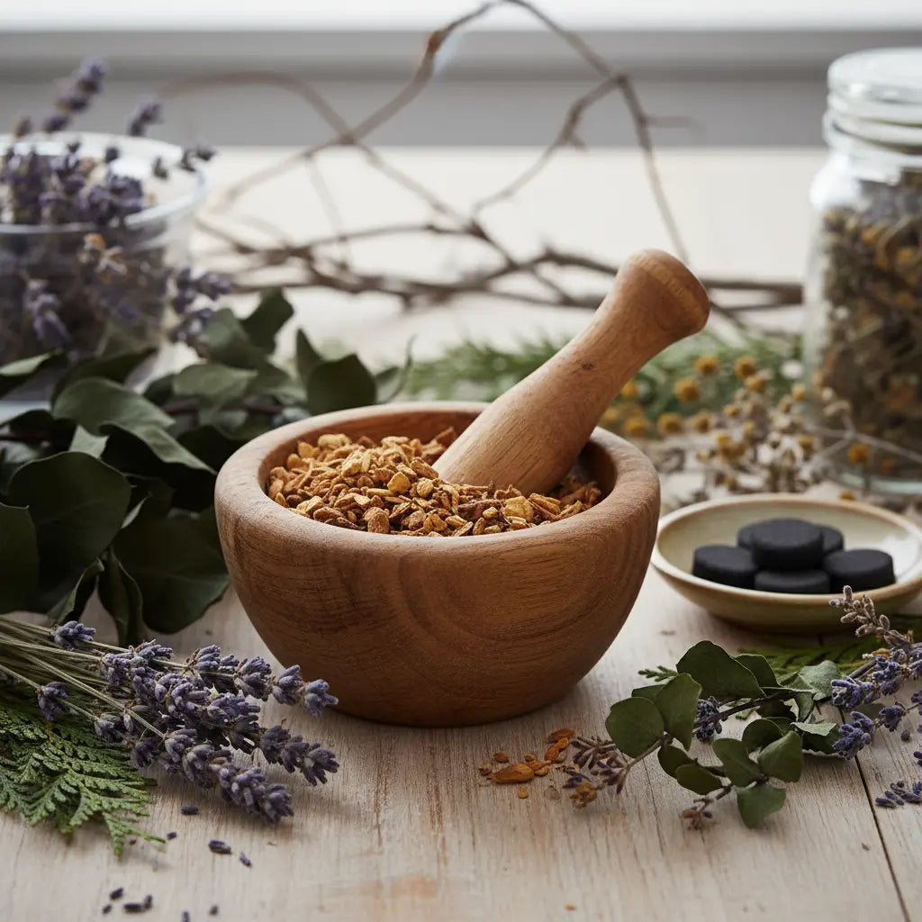 Palo santo en copeaux pour fumigation, morceaux de bois doré dans un mortier en bois avec pilon, entouré de lavande et plantes séchées.