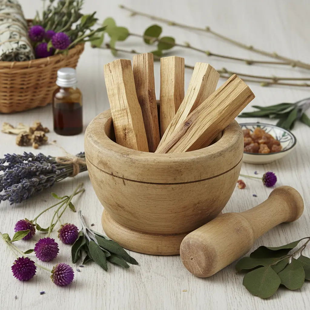 Bâtons de palo santo naturels pour fumigation, bois beige doré dans un mortier en bois avec pilon, entouré de lavande et fleurs séchées.