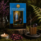 Carnet bleu ciel de Papier d'Encens Fragrances & Sens - Notre Dame de Lourdes illustré de l'apparition mariale à Bernadette Soubirous, posé près d'une lamelle allumée en accordéon exhalant de la fumée.