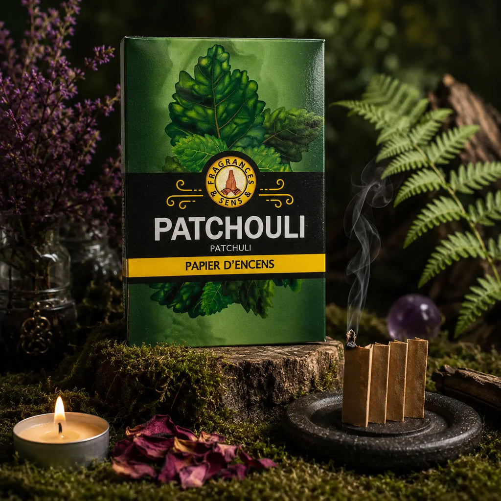 Carnet vert de Papier d'Encens Fragrances & Sens - Patchouli illustré de feuilles de patchouli, posé près d'une lamelle allumée en accordéon exhalant de la fumée.