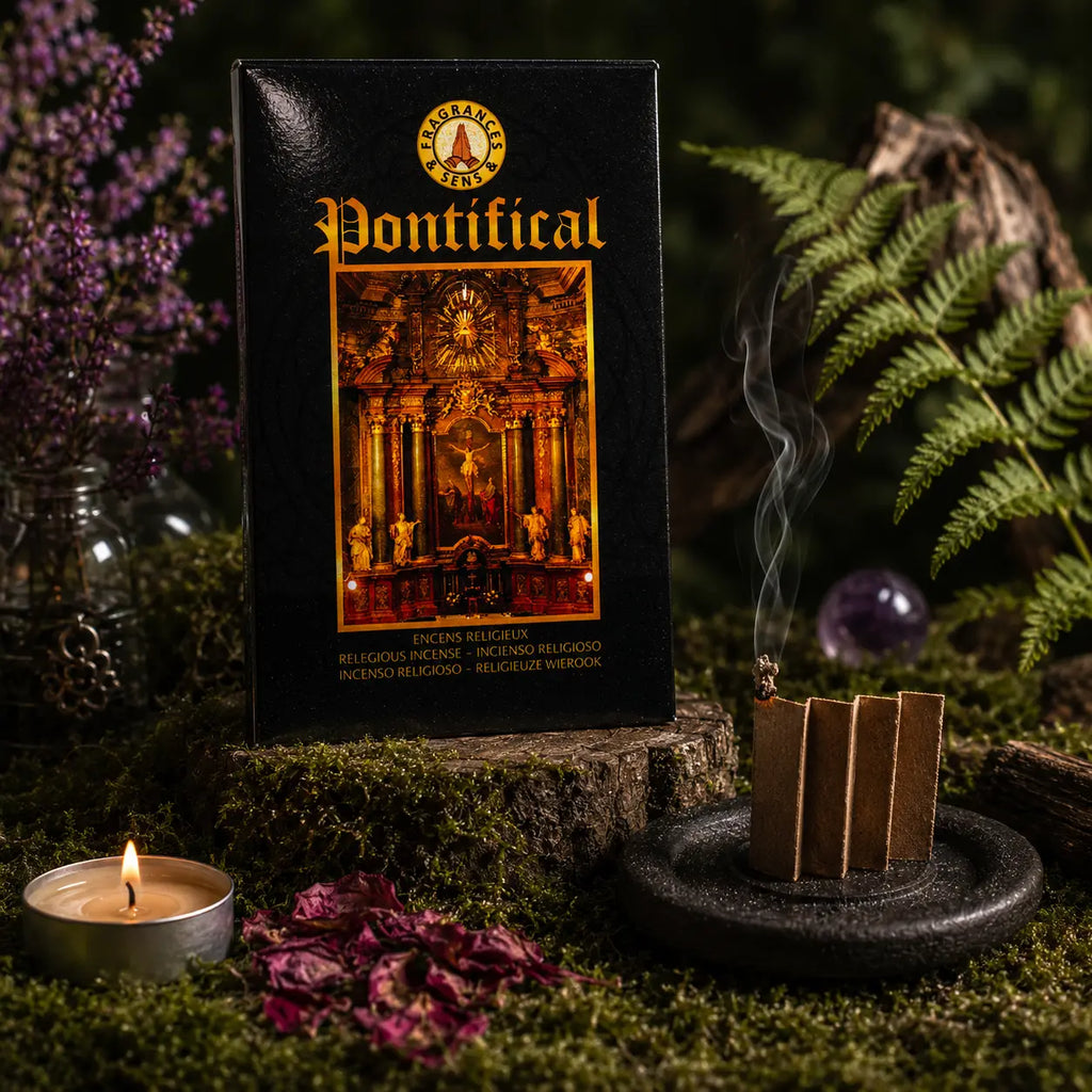 Carnet noir de Papier d'Encens Fragrances & Sens - Pontifical illustré d'un autel d'église doré, posé près d'une lamelle allumée en accordéon exhalant de la fumée.