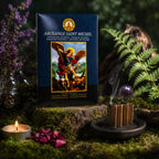 Carnet bleu de Papier d'Encens Fragrances & Sens - Archange Saint Michel illustré de l'ange terrassant le démon, posé près d'une lamelle allumée en accordéon exhalant de la fumée.