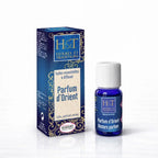 Un flacon et son étui de la synergie d'huiles essentielles "Parfum d'Orient" de la marque Herbes & Traditions, certifiés Ecocert et présentés dans un design bleu nuit aux arabesques dorées sur fond blanc.