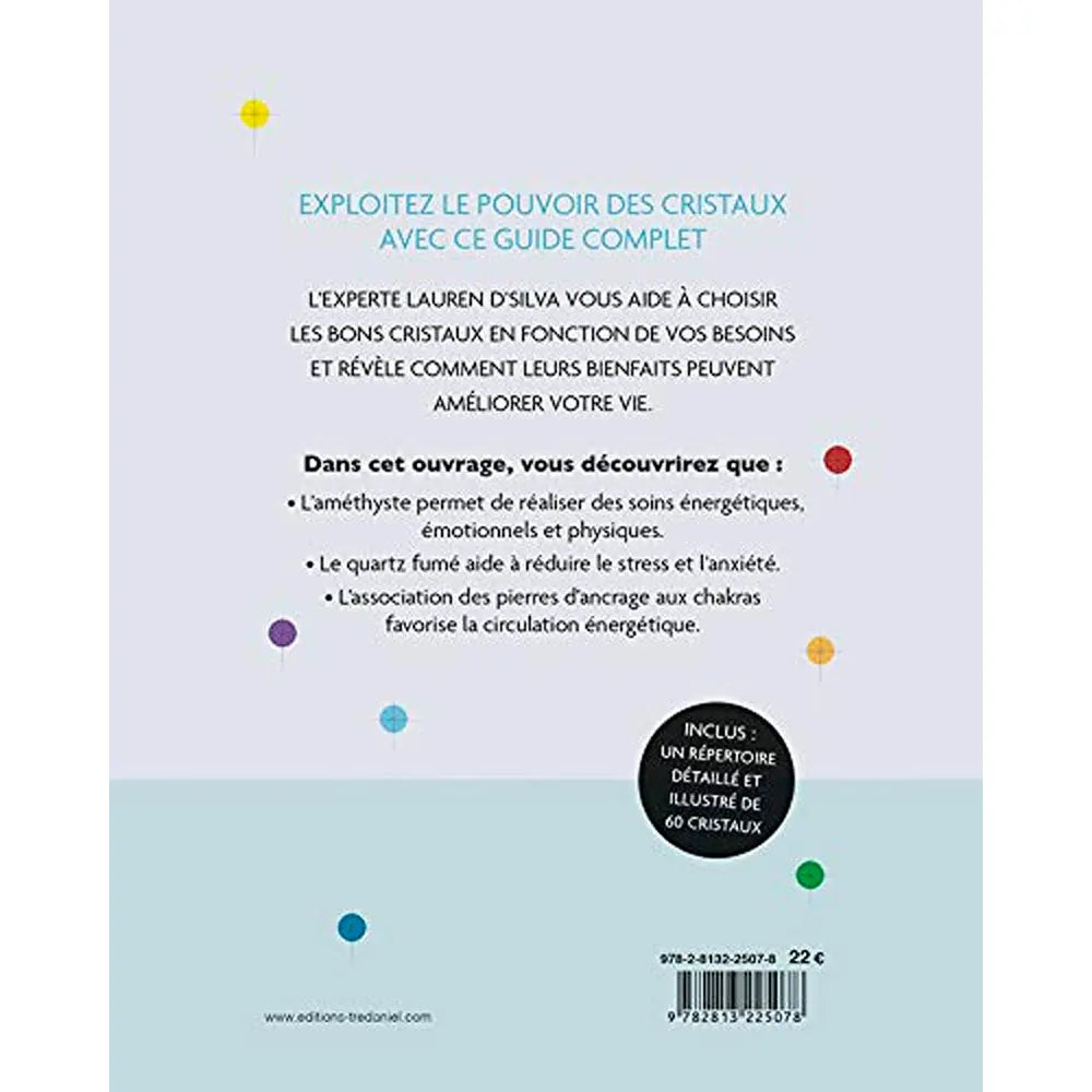 La quatrième de couverture du livre Passion Cristaux affiche le résumé de l'ouvrage, le prix et des points colorés sur fond clair.