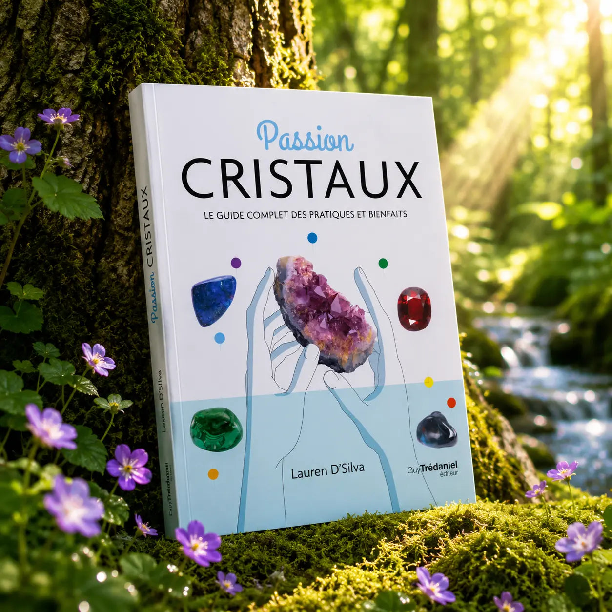 Livre Passion Cristaux - Lauren D'Silva sur mousse sacrée au pied d'un arbre, entouré de fleurs violettes sous des rayons de soleil magiques.