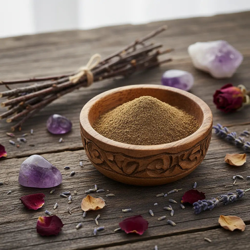 Poudre de patchouli finement moulue dans une coupelle en bois ciselé, sur table rustique avec cristaux et pétales.
