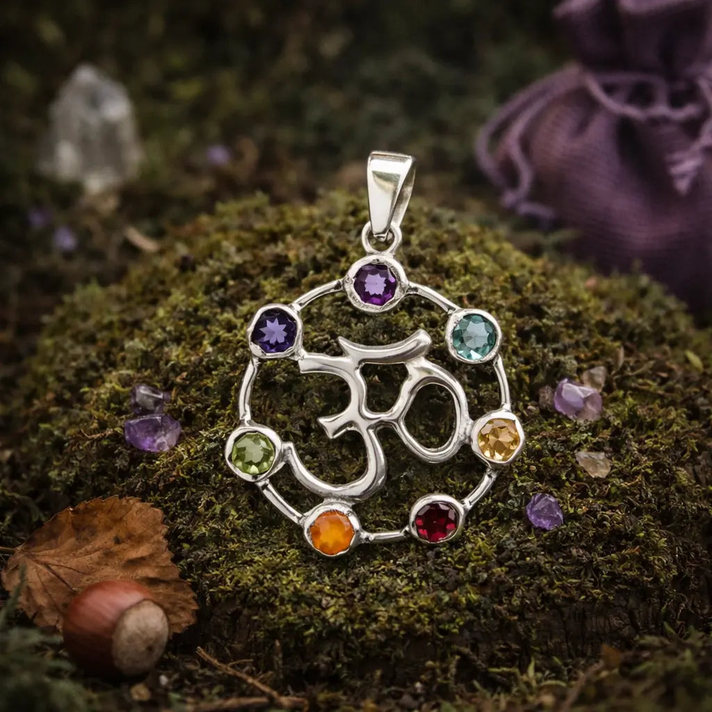 Pendentif circulaire en argent représentant le symbole sacré Om au centre, entouré de 7 pierres naturelles colorées, posé sur de la mousse.