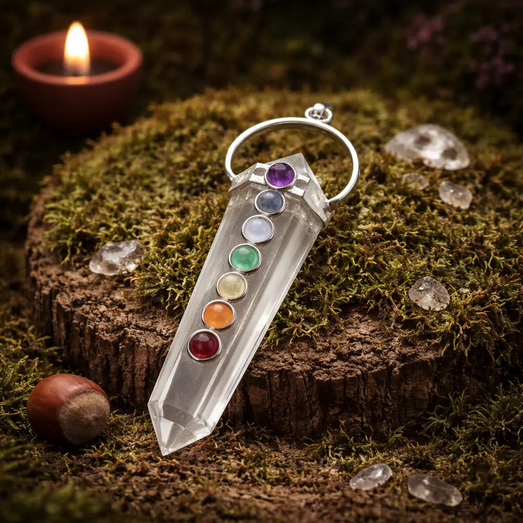 Pendentif en cristal de roche biterminé serti de 7 pierres naturelles rondes représentant les chakras, monté sur métal argenté et posé sur de la mousse forestière.