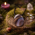 Pendentif ovale en agate rubanée polie présentant des strates naturelles grises, brunes et bleutées, monté sur un cordon noir et posé sur une souche moussue avec une bougie et des cristaux.