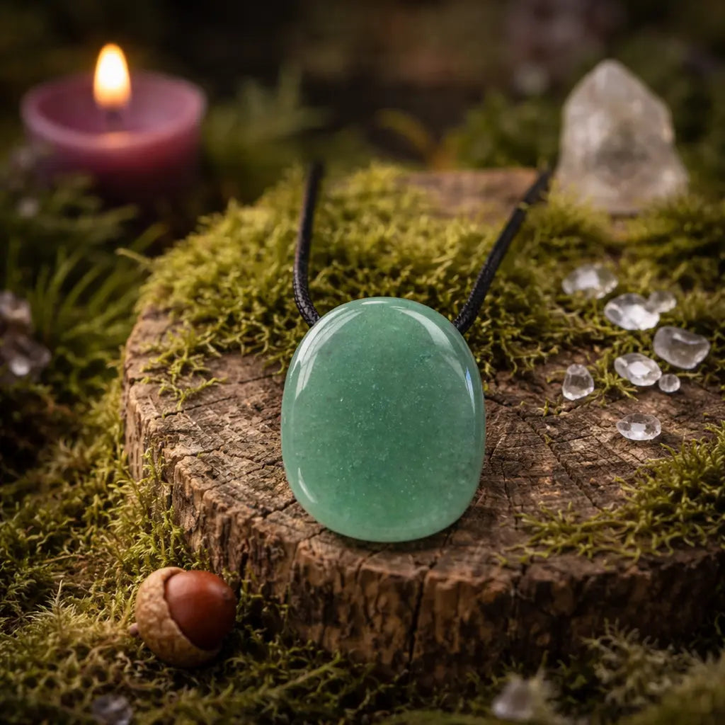 Pendentif ovale en aventurine verte polie d'un vert tendre et moucheté, monté sur un cordon noir, posé sur un socle en bois moussue avec une bougie rose et des cristaux de quartz.