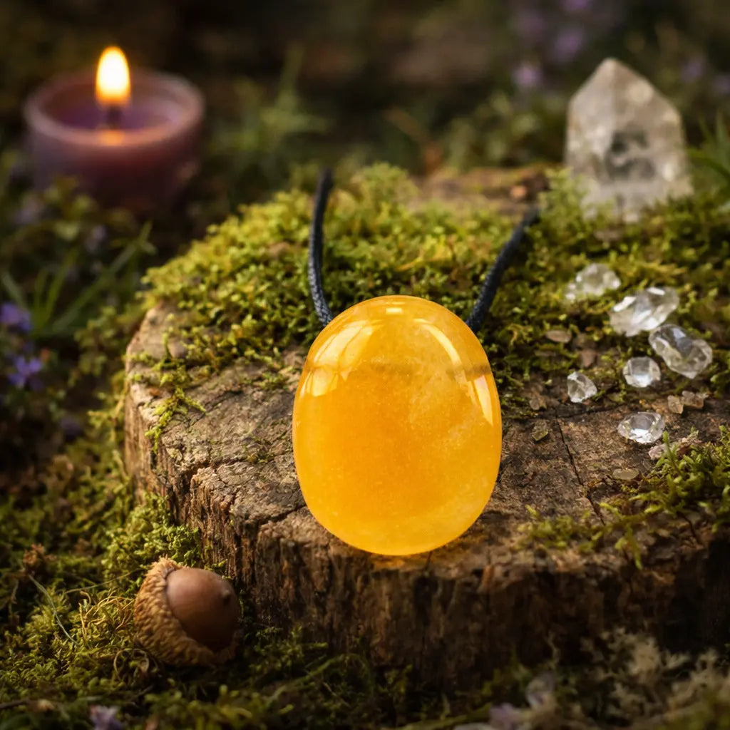 Pendentif ovale en calcite orange poli, d'un jaune orangé vif et chaleureux, monté sur un cordon noir et posé sur un support en bois moussue avec une bougie et des cristaux.