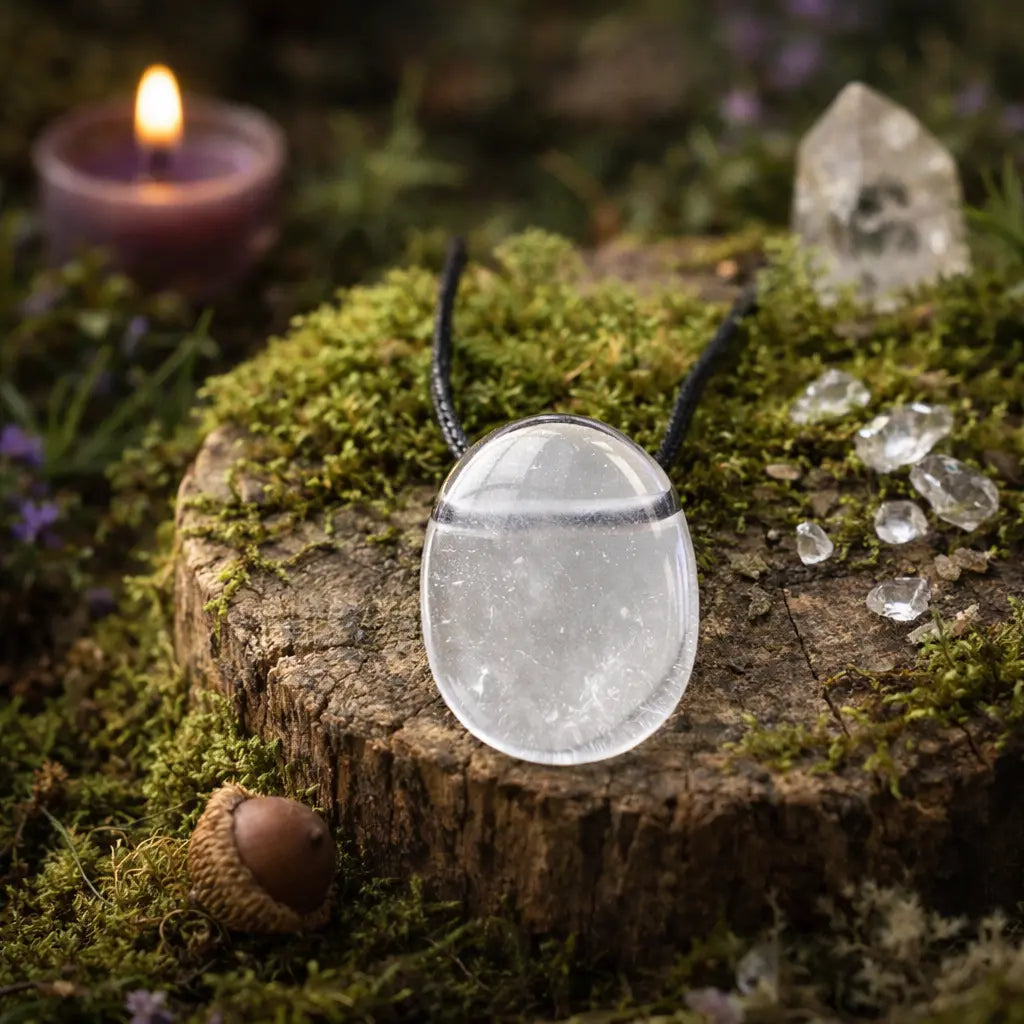 Pendentif ovale en cristal de roche poli, d'une transparence lumineuse avec quelques givres naturels, monté sur un cordon noir et posé sur une souche moussue avec une bougie et des cristaux de quartz.