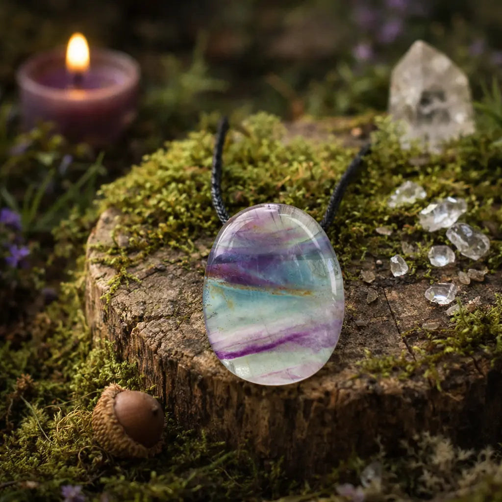 Pendentif ovale en fluorite polie laissant apparaître des strates naturelles violettes, vertes et translucides, monté sur un cordon noir, posé sur une souche moussue avec une bougie et des cristaux.