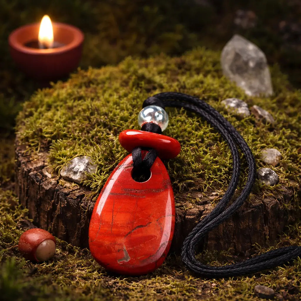 Pendentif de vertu en jaspe rouge poli de forme goutte allongée, surmonté d'une perle translucide et d'une petite pièce de jaspe, posé sur une souche moussue.