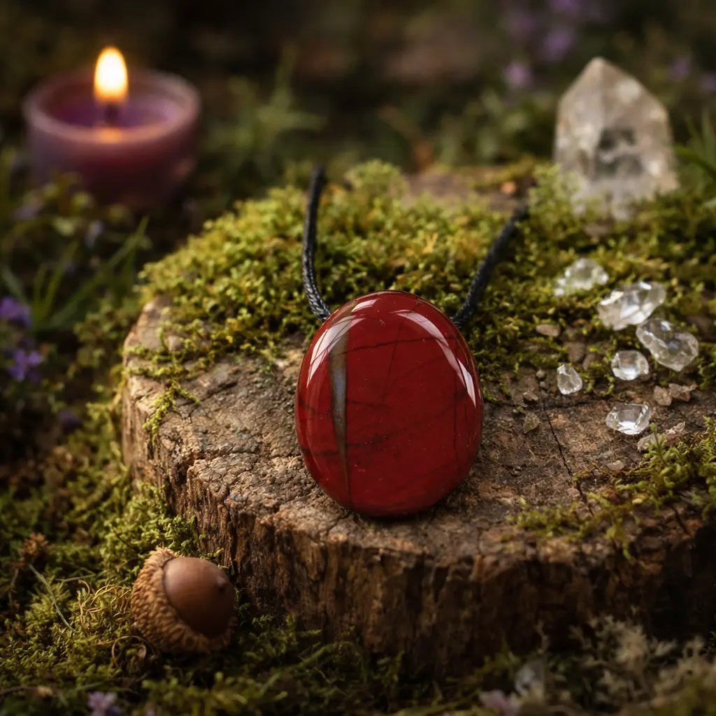 Pendentif ovale en jaspe rouge poli d'un rouge brique intense avec de fines veines sombres, monté sur un cordon noir, posé sur une souche moussue avec une bougie et des cristaux de quartz.