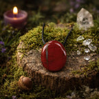 Pendentif ovale en jaspe rouge poli d'un rouge brique intense avec de fines veines sombres, monté sur un cordon noir, posé sur une souche moussue avec une bougie et des cristaux de quartz.