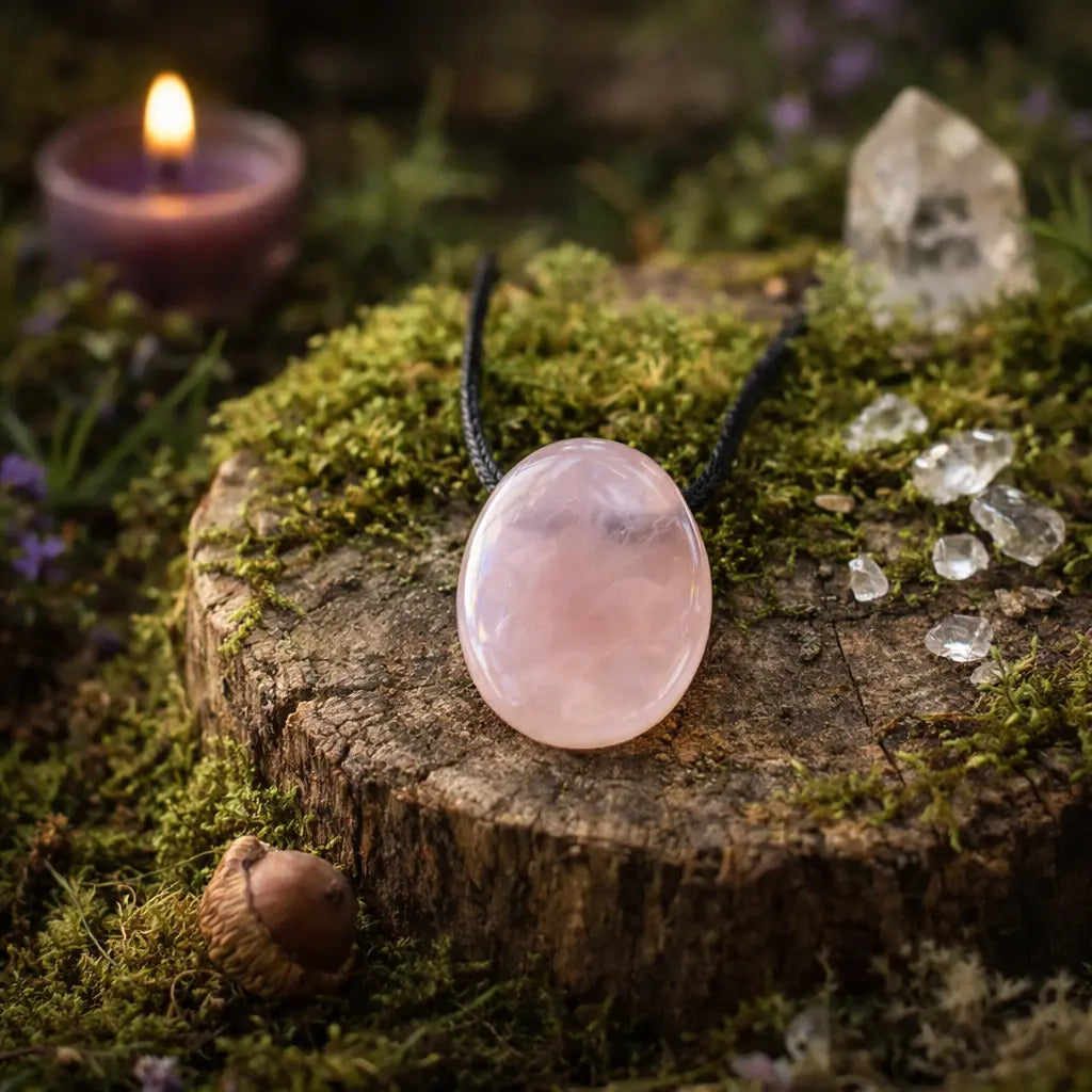 Pendentif ovale en quartz rose poli d'un rose translucide et doux, monté sur un cordon noir, posé sur une tranche de bois moussue avec une bougie violette et des cristaux de quartz.